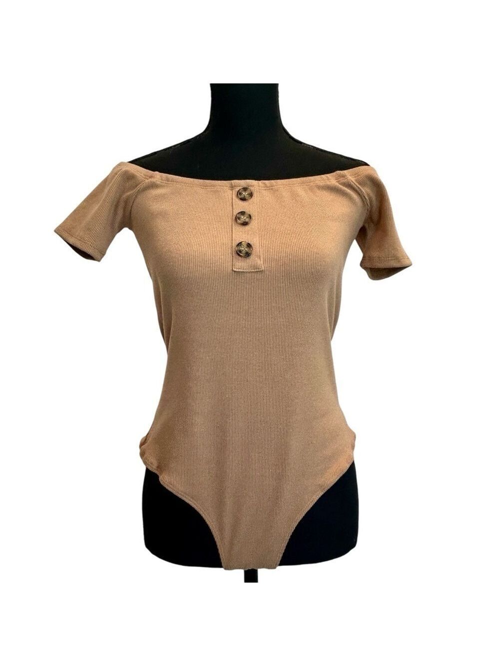 Streetwear Society tan brown ribbed short sleeve off the shoulder bodysuit Sz L